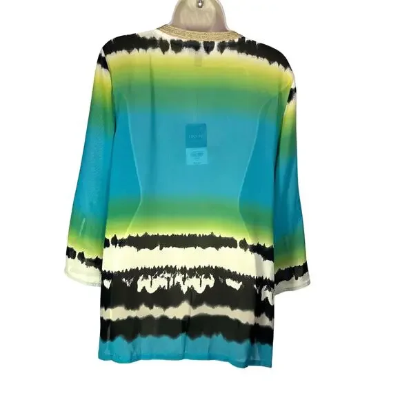 NWT Nicole Miller Large blouse cover up turqouise tie dye border sheer resort - Picture 3 of 8